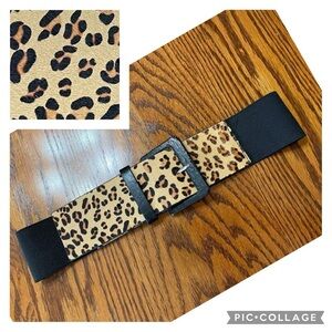 Leopard Print Wide Elastic Waist Belt with Black Accents